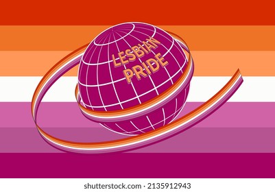 Lesbian Pride flag symbol vector icon. Vector illustration. The ground, painted in the colors of the flag, is wrapped in a ribbon with the official flag of the LGBT community.
