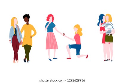Lesbian romantic couples drawn in flat style. Women in love. Stock vector