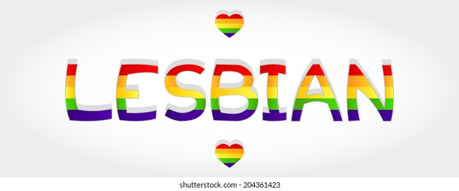 Lesbian stylized word with rainbow and two heart. Lesbian word