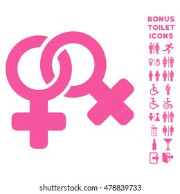 Lesbian Symbol icon and bonus man and lady WC symbols. Vector illustration style is flat iconic symbols, pink color, white background.