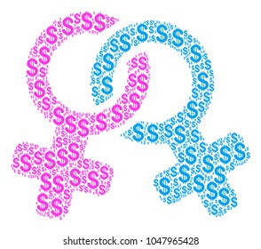 Lesbian Symbol mosaic of dollars. Vector dollar currency pictograms are combined into lesbian symbol collage.