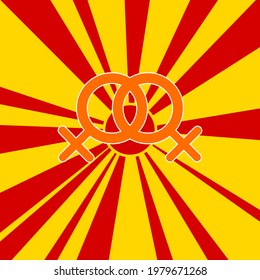 Lesbian symbol on a background of red flash explosion radial lines. The large orange symbol is located in the center of the sun, symbolizing the sunrise. Vector illustration on yellow background