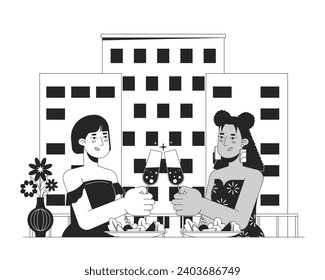 Lesbian Valentines day date black and white cartoon flat illustration. In love girlfriends wine glasses clinking 2D lineart characters isolated. Intimate moment monochrome scene vector outline image