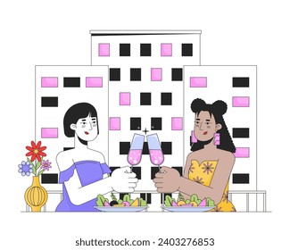 Lesbian Valentines day date line cartoon flat illustration. In love girlfriends wine glasses clinking 2D lineart characters isolated on white background. Intimate moment scene vector color image