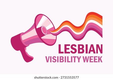 Afiche de la Semana de la Visibilidad Lesbiana con Ilustración vectorial de megáfono. Altavoz e icono de la bandera del orgullo lésbico. Símbolo de los derechos LGBTQIA. Plantilla para el fondo, Anuncio, tarjeta. Día importante