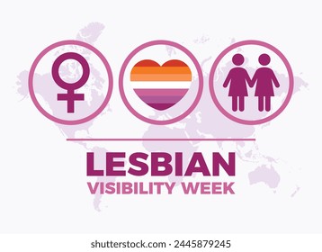 Lesbische Sichtbarkeit Woche Poster Vektorillustration. Lesbische Stolz-Fahne in Herzform, weibliches Geschlechtsymbol und ein paar Frauen-Ikone-Vektorgrafik. Vorlage für Hintergrund, Banner, Karte. Wichtiger Tag