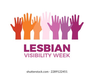 Lesbian Visibility Week vector illustration. Colored raised hands up icon isolated on a white background. Group of female hands up silhouette vector. LGBT pride symbol. Important day