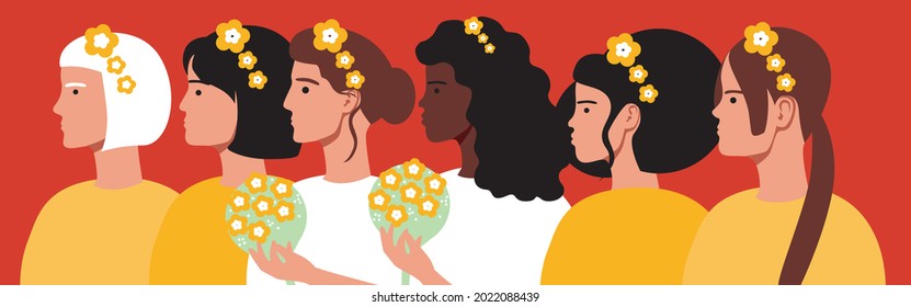 Lesbian wedding ceremony, multicultural guests. Flat vector stock illustration. Adult lesbian brides. The rights of LGBTQ people. Faces of guests, bridesmaids. Vector graphics