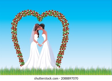 Lesbian wedding couple in white dresses. lgbtq concept
