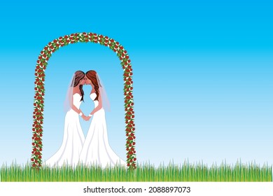 Lesbian wedding couple in white dresses. lgbtq concept