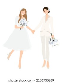 Lesbian wedding couple in white suit pants and wedding dress holding hands invitation layout