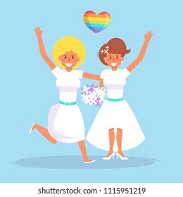 Lesbian wedding Vector. Cartoon. Isolated art on blue background. Flat