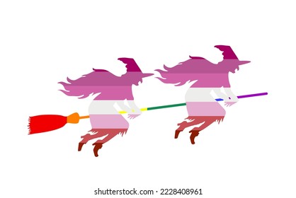 Lesbian witch couple rides a broomstick in flight vector silhouette illustration. Halloween, bogeyman. Walpurgis night. Black magic lady. Horror and horrible nightmare. Night legend and fairy tale.