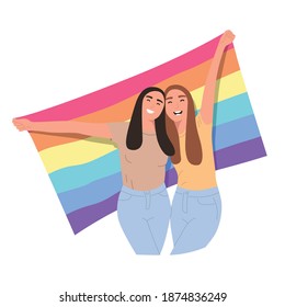 Lesbian woman holding a lgbt flag. The representative of the gay holds moisture in her hands behind her back. LGBT symbols, gay community protest. Isolated on white background, flat illustration.