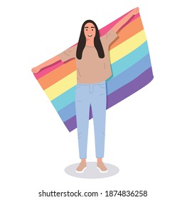 Lesbian woman holding a lgbt flag. The representative of the gay holds moisture in her hands behind her back. LGBT symbols, gay community protest. Isolated on white background, flat illustration.