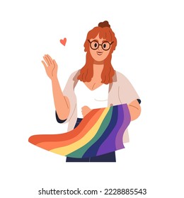 Mujer lesbiana con bandera arco iris LGBT. Feliz retrato de activista homosexual. Carácter femenino LGBTQ sonriente saludo con gesto de mano. Ilustración vectorial plana aislada en fondo blanco