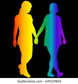Lesbian women silhouettes in rainbow colors