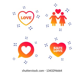 Lesbians couple sign. Speech bubble with heart icon. Female love female. Heart symbol. Random dynamic shapes. Gradient sex icon. Vector