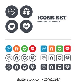 Lesbians couple sign. Speech bubble with heart icon. Female love female. Heart symbol. Web buttons set. Circles and squares templates. Vector