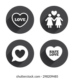 Lesbians couple sign. Speech bubble with heart icon. Female love female. Heart symbol. Circles buttons with long flat shadow. Vector