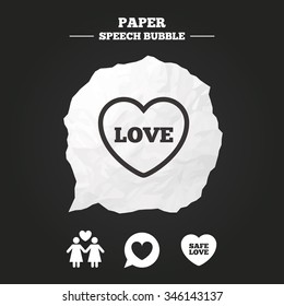 Lesbians couple sign. Speech bubble with heart icon. Female love female. Heart symbol. Paper speech bubble with icon.
