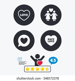Lesbians couple sign. Speech bubble with heart icon. Female love female. Heart symbol. Star vote ranking. Client like and think bubble. Quotes with message.