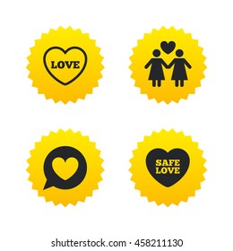 Lesbians couple sign. Speech bubble with heart icon. Female love female. Heart symbol. Yellow stars labels with flat icons. Vector