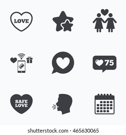 Lesbians couple sign. Speech bubble with heart icon. Female love female. Heart symbol. Flat talking head, calendar icons. Stars, like counter icons. Vector