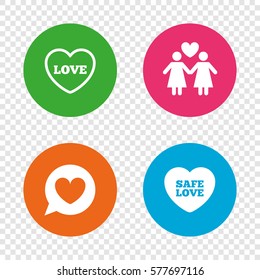 Lesbians couple sign. Speech bubble with heart icon. Female love female. Heart symbol. Round buttons on transparent background. Vector