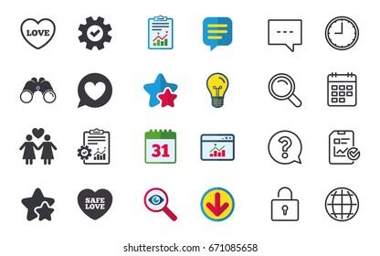 Lesbians couple sign. Speech bubble with heart icon. Female love female. Heart symbol. Chat, Report and Calendar signs. Stars, Statistics and Download icons. Question, Clock and Globe. Vector