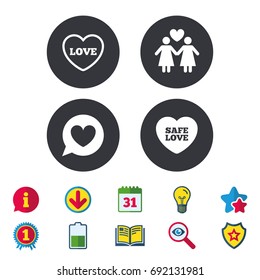 Lesbians couple sign. Speech bubble with heart icon. Female love female. Heart symbol. Calendar, Information and Download signs. Stars, Award and Book icons. Light bulb, Shield and Search. Vector