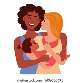 lesbians happy couple hugging their child. two women are happy with their daughter.