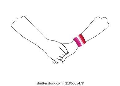 Lesbians Holding Hands - One Line Drawing Vector. Concept Two Hands On One Of Which Is A Bracelet With The Symbol Of The Lesbian Flag