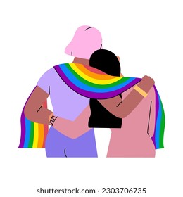 Lesbians hugging each other,mutual love of two homosexual woman wearing rainbow flag.Flat cartoon characters.Hand drawn pride month flat decoration.People's rights movement,diversity love time design