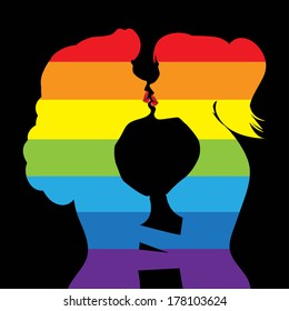 Lesbians Kiss. Iridescent Silhouettes Of Two Women Kissing Each Other.