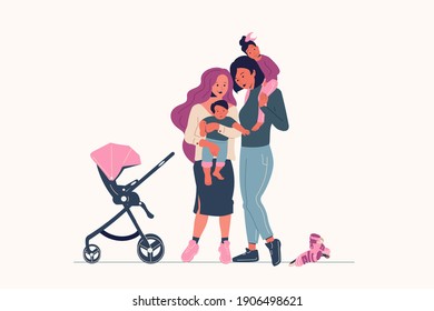 
Lesbians in love walk with a baby and a stroller. Cartoon flat vector illustration.