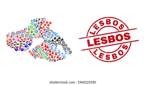 Lesbos Island map collage and distress Lesbos red circle seal. Lesbos seal uses vector lines and arcs. Lesbos Island map mosaic contains gears, houses, showers, suns, people, and more pictograms.