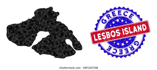 Lesbos Island map polygonal mesh with filled triangles, and rubber bicolor rubber seal. Triangle mosaic Lesbos Island map with mesh vector model, triangles have various sizes, and positions,