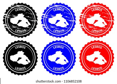 Lesbos - rubber stamp - vector, Lesbos island map pattern - sticker - black, blue and red