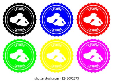 Lesbos - rubber stamp - vector, Lesbos island map pattern - sticker - black, blue, green, yellow, purple and red