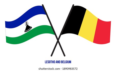 Lesotho and Belgium Flags Crossed And Waving Flat Style. Official Proportion. Correct Colors.
