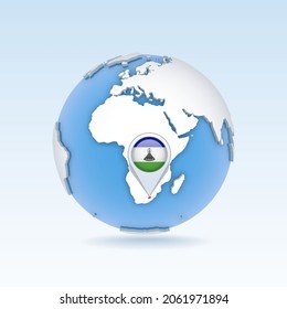 Lesotho - country map and flag located on globe, world map. 3D Vector illustration