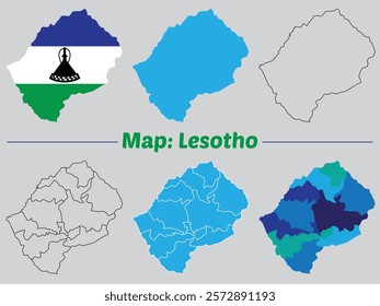 Lesotho country map set. internal provinces borders marked, Simple map of Lesotho vector drawing, Filled and outline.