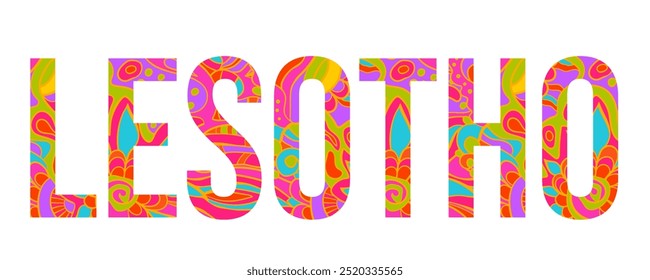 Lesotho creative country name text design filled with colorful doodle pattern	