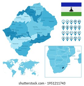 Lesotho detailed administrative blue map with country flag and location on the world map.