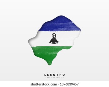 Lesotho detailed map with flag of country. Painted in watercolor paint colors in the national flag.