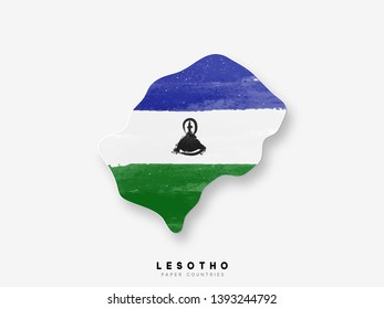 Lesotho detailed map with flag of country. Painted in watercolor paint colors in the national flag.