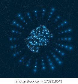 Lesotho digital map. Glowing rays radiating from the country. Network connections and telecommunication design. Vector illustration.