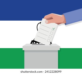 Lesotho election concept. Hand puts vote bulletin into vote box.
