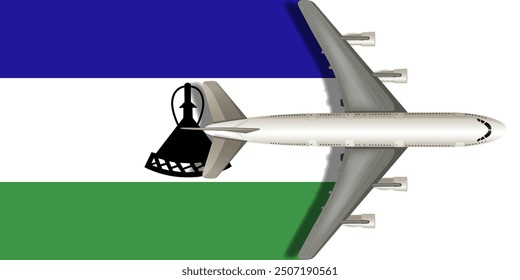 LESOTHO flag with airplane flying over it close up. Vector image.